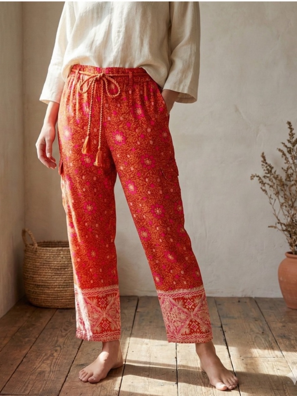 Sundance Red Printed Braided Drawstring Cargo Pants Cotton Lightweight Boho Med